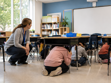 A teacher supervises students practicing an earthquake safety drill by taking cover under desks in a bright classroom.